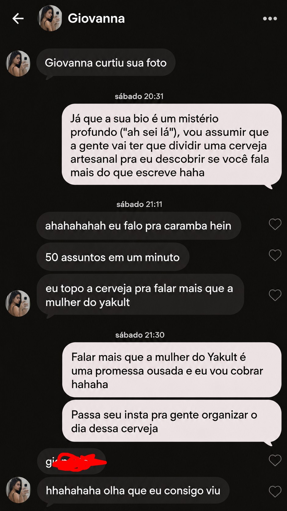 Conversa com Giovanna: abridor baseado na bio, convite para uma cerveja e troca de Instagram